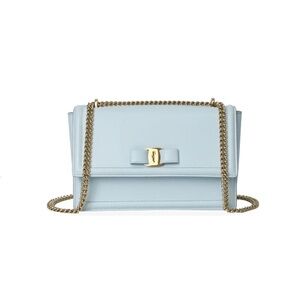 Salvatore Ferragamo Ginny Vara Bow Embossed Pale Blue Pebble Calfskin Flap Bag